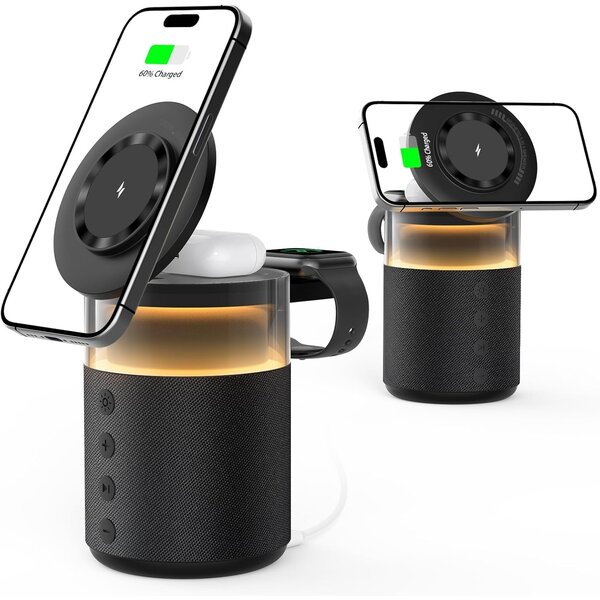 Ntech  draadloze oplader iphone 5-in-1 - 15W Snellader Zwart - Qi Oplaadstation met Speaker & Nachtlamp -Geschikt voor telefoons/oortjes/horloges met draadloze oplaadfunctie  iPhone 17 / 17 Pro Max /16 / 16 Pro max / 15 / 15 Pro/14/Pro /14 Pro Max /