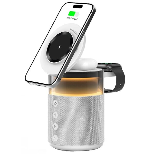 Ntech Draadloze oplader 5-in-1 - 15W Snellader - Qi Oplaadstation met Speaker & Nachtlamp -Geschikt voor MagSafe - Wit