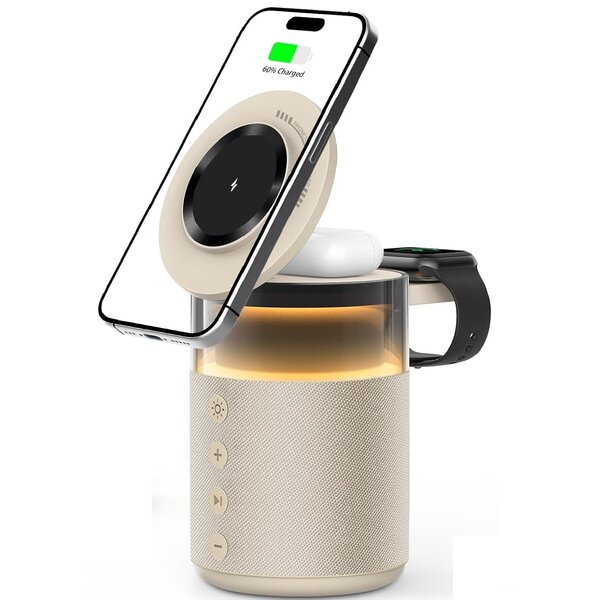 Ntech  draadloze oplader iphone 5-in-1 - 15W Snellader Goud - Qi Oplaadstation met Speaker & Nachtlamp -Geschikt voor telefoons/oortjes/horloges met draadloze oplaadfunctie  iPhone 17 / 17 Pro Max /16 / 16 Pro max / 15 / 15 Pro/14/Pro /14 Pro Max /