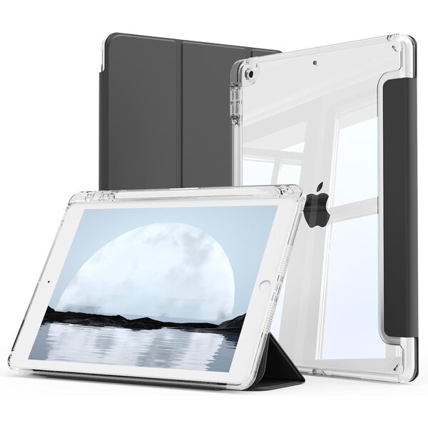 Ntech Hoes geschikt voor iPad 2021 hoes Zwart - Tablet hoes iPad 9/8/7 10.2 inch (9e generatie 2021 / 8e generatie 2020 / 7e generatie 2019) - hoes Smart Case met Harde Doorzichtige Achterkant en Pencil Slot