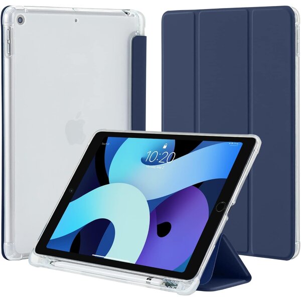 Ntech Hoes geschikt voor iPad 2021 hoes Donker Blauw - Tablet hoes iPad 9/8/7 10.2 inch (9e generatie 2021 / 8e generatie 2020 / 7e generatie 2019) - hoes Smart Case met Harde Doorzichtige Achterkant en Pencil Slot