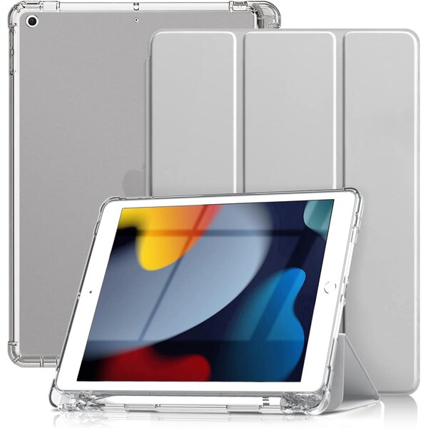 Ntech Hoes geschikt voor iPad 2021 hoes Grijs - Tablet hoes iPad 9/8/7 10.2 inch (9e generatie 2021 / 8e generatie 2020 / 7e generatie 2019) - hoes Smart Case met Harde Doorzichtige Achterkant en Pencil Slot