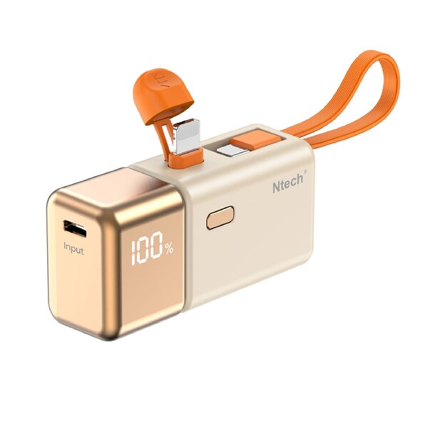 Ntech Ntech - Mini powerbank 5000 mAh Goud - powerbank  iPhone 17 /17 Pro Max /16/16 Pro /15/ 14/ 13/12 / Samsung S25 FE /A17 /A26 /A56/A55/S25/S25 Ultra - Draadloze Powerbank met LED Display