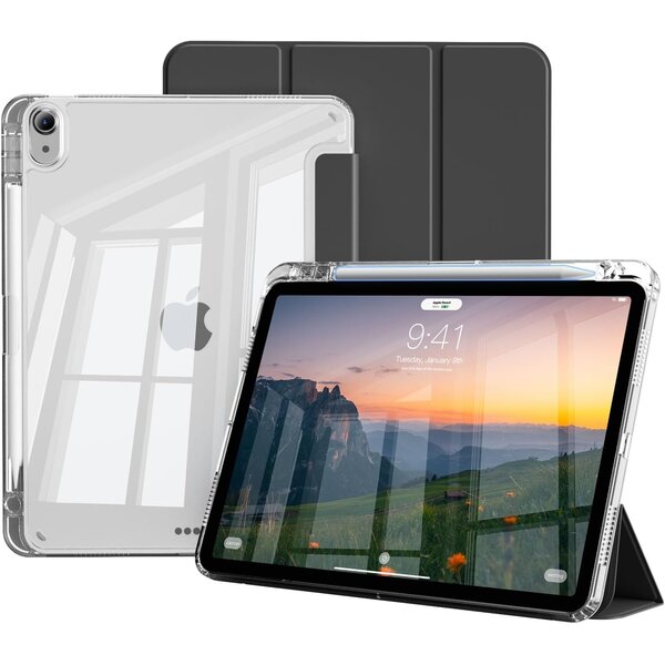 Ntech Hoes Geschikt voor iPad Air 2025 Zwart hoes Smart Case met Harde Doorzichtige Achterkant en Pencil Slot - ipad air 11 inch hoes - iPad Pro 11 Inch 2022/2021/2020/2018/ iPad Air 5th/4th Generation Tri Fold Tablet