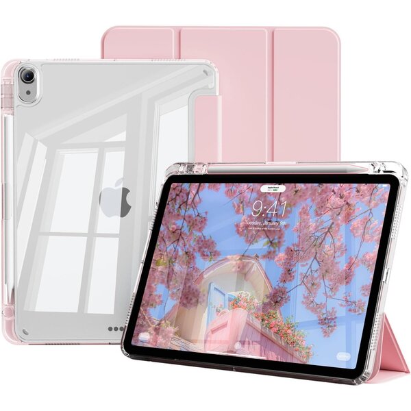 Ntech Hoes Geschikt voor iPad Air 11 inch hoes Rose Goud /  iPad Air M4 / M3 (2025 2026)  hoes Smart Case met Harde Doorzichtige Achterkant en Pencil Slot - iPad Pro 11 Inch 2022/2021/2020/2018/ iPad Air 5th/4th Generation Tri Fold Tablet
