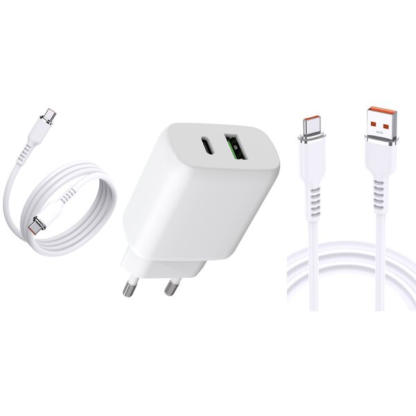 Ntech USB C Adapter 25W - USB C Oplader - Adapter USB C met 2x USB C kabel - 2 Poorten voor Geschikt voor Samsung Galaxy Tab A11 Plus /S25 Ultra/ S24/A16/A35/A56/A36/A26/A34/A54/iPhone 17/ 17 Pro Max / Air/16/16 pro/16 Pro max/15/15 Pro/15 Pro max