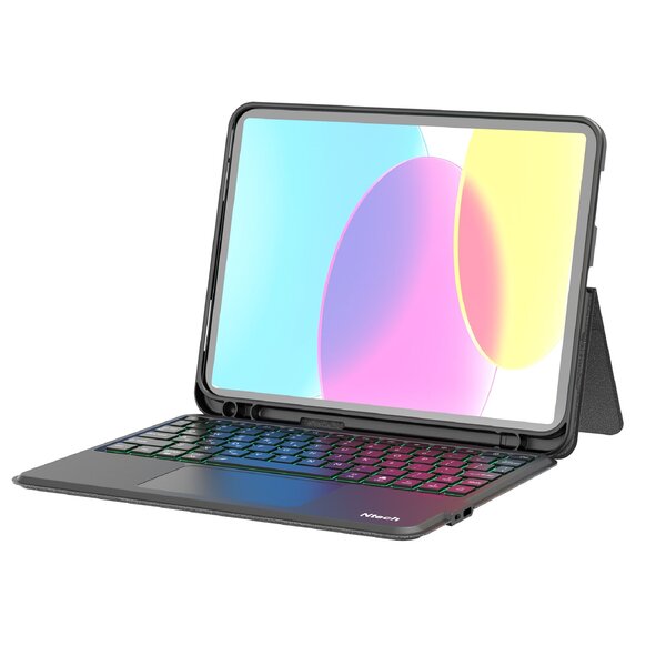 Ntech Ntech - Toetsenbord Geschikt voor iPad 2025 hoes Zwart - A16 hoes 11 inch / iPad 10e generatie (2022) 10.9 inch bluetooth toetsenbord QWERTY - Cover met Touchpad Muis Pencil Houder - Bluetooth Magnetisch Smart Folio Keyboard Case