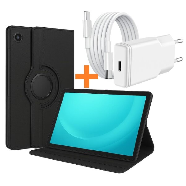 Ntech Hoes Geschikt voor Samsung Tab A11 Plus / A9 Plus tablethoes – 360° draaibaar Zwart met USB C Adapter - USB C oplader- Slim Snellader 20W Met USB C Kabel 1m - Ntech COMBI-SET