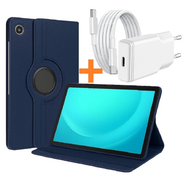 Ntech Hoes Geschikt voor Samsung Tab A11 Plus / A9 Plus tablethoes – 360° draaibaar Donker Blauw met USB C Adapter - USB C oplader- Slim Snellader 20W Met USB C Kabel 1m - Ntech COMBI-SET