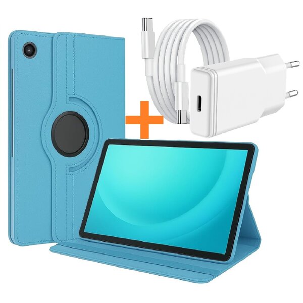 Ntech Hoes Geschikt voor Samsung Tab A11 Plus / A9 Plus tablethoes – 360° draaibaar Licht Blauw met USB C Adapter - USB C oplader- Slim Snellader 20W Met USB C Kabel 1m - Ntech COMBI-SET