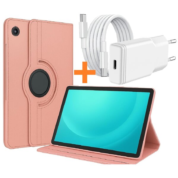 Ntech Hoes Geschikt voor Samsung Tab A11 Plus / A9 Plus tablethoes – 360° draaibaar Rose Goud met USB C Adapter - USB C oplader- Slim Snellader 20W Met USB C Kabel 1m - Ntech COMBI-SET