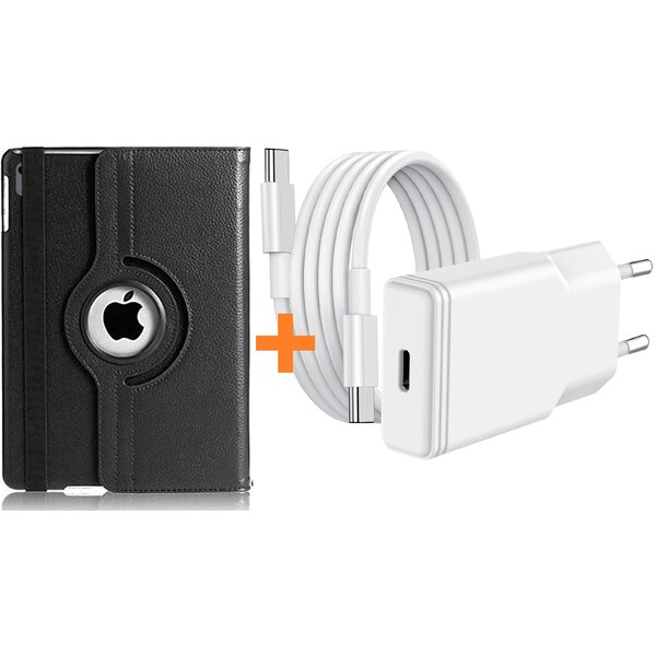 Ntech Hoes geschikt voor iPad 2025 hoes Zwart -iPad A16 hoes 11th Generation 11 Inch 2025 draaibare bookcase 360° Case met USB C Adapter - USB C oplader- Slim Snellader 20W Met USB C Kabel 1m - Ntech COMBI-SET