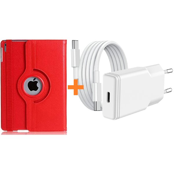 Ntech Hoes geschikt voor iPad 2025 hoes Rood -iPad A16 hoes 11th Generation 11 Inch 2025 draaibare bookcase 360° Case met USB C Adapter - USB C oplader- Slim Snellader 20W Met USB C Kabel 1m - Ntech COMBI-SET