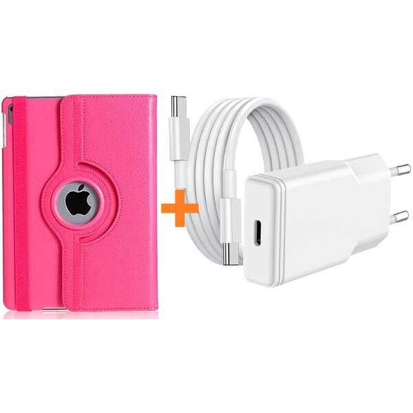 Ntech Hoes geschikt voor iPad 2025 hoes Roze -iPad A16 hoes 11th Generation 11 Inch 2025 draaibare bookcase 360° Case met USB C Adapter - USB C oplader- Slim Snellader 20W Met USB C Kabel 1m - Ntech COMBI-SET