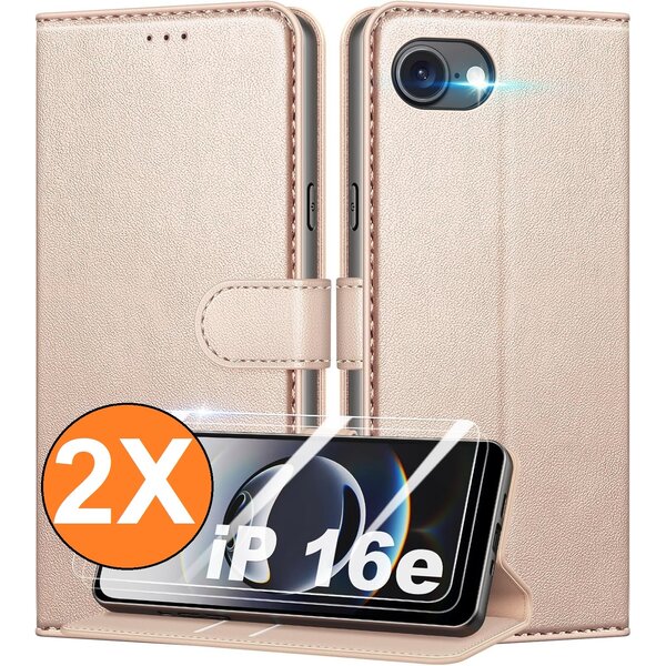 Ntech Hoesje Geschikt voor iPhone 16e / iPhone 17e hoesje bookcase Goud met screenprotectors 2 stuks
