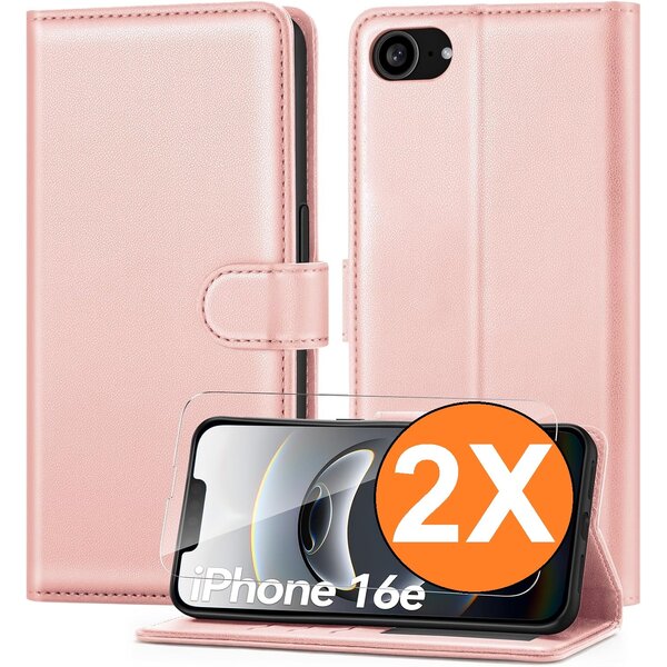 Ntech Hoesje Geschikt voor iPhone 16e / iPhone 17e hoesje bookcase Rose goud met screenprotectors 2 stuks