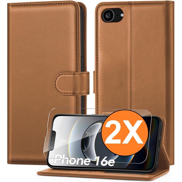 Ntech Hoesje Geschikt voor iPhone 16e hoesje bookcase Bruin met screenprotectors 2 stuks