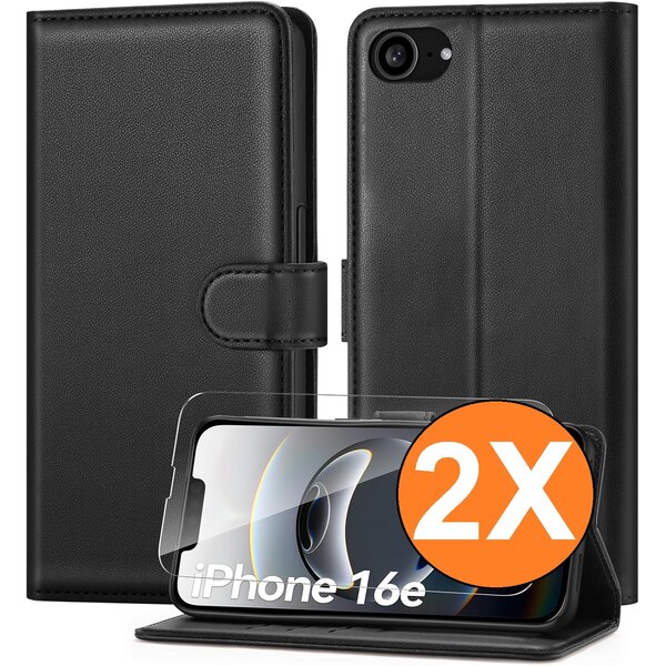 Ntech Hoesje Geschikt voor iPhone 16e hoesje bookcase Zwart met screenprotectors 2 stuks
