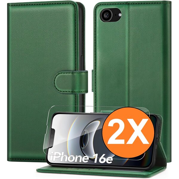 Ntech Hoesje Geschikt voor iPhone 16e / iPhone 17e hoesje bookcase Groen met screenprotectors 2 stuks