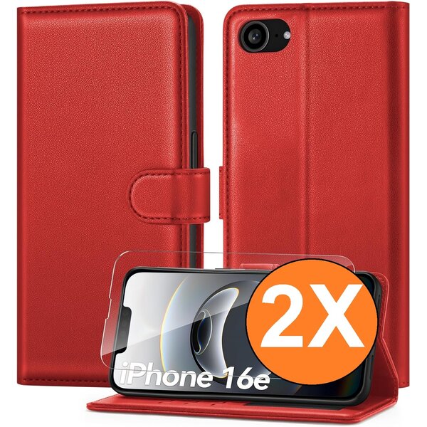 Ntech Hoesje Geschikt voor iPhone 16e / iPhone 17e hoesje bookcase Rood met screenprotectors 2 stuks