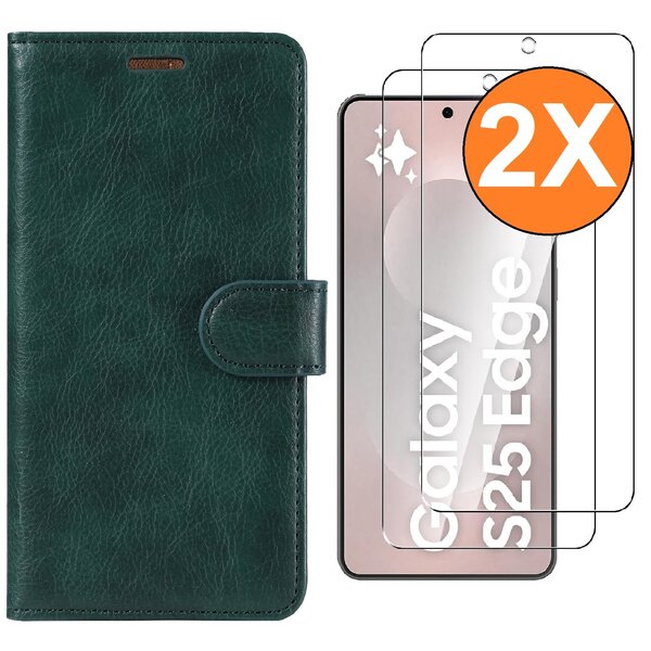 Ntech Hoesje Geschikt voor Samsung Galaxy S25 Edge hoesje bookcase Groen met screenprotectors 2 stuks