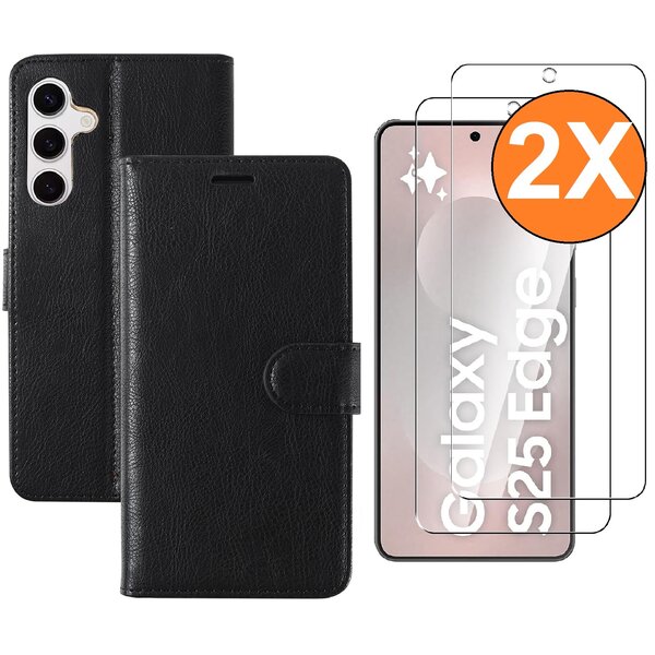Ntech Hoesje Geschikt voor Samsung Galaxy S25 Edge hoesje bookcase Zwart met screenprotectors 2 stuks