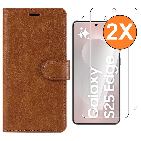 Ntech Hoesje Geschikt voor Samsung Galaxy S25 Edge hoesje bookcase Bruin met screenprotectors 2 stuks