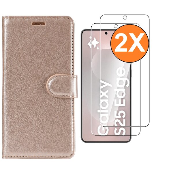 Ntech Hoesje Geschikt voor Samsung Galaxy S25 Edge hoesje bookcase Rose Goud met screenprotectors 2 stuks