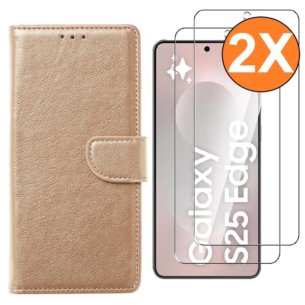 Ntech Hoesje Geschikt voor Samsung Galaxy S25 Edge hoesje bookcase Goud met screenprotectors 2 stuks