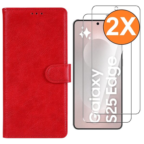 Ntech Hoesje Geschikt voor Samsung Galaxy S25 Edge hoesje bookcase Rood met screenprotectors 2 stuks