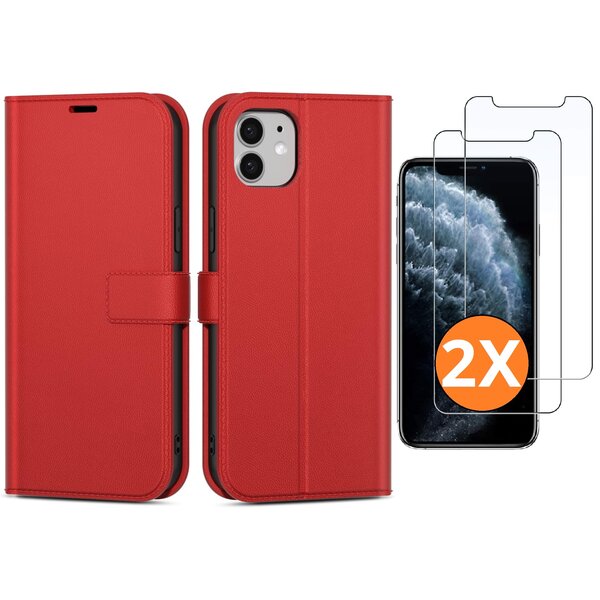 Ntech Hoesje Geschikt voor iPhone 11 hoesje bookcase Rood met screenprotectors 2 stuks