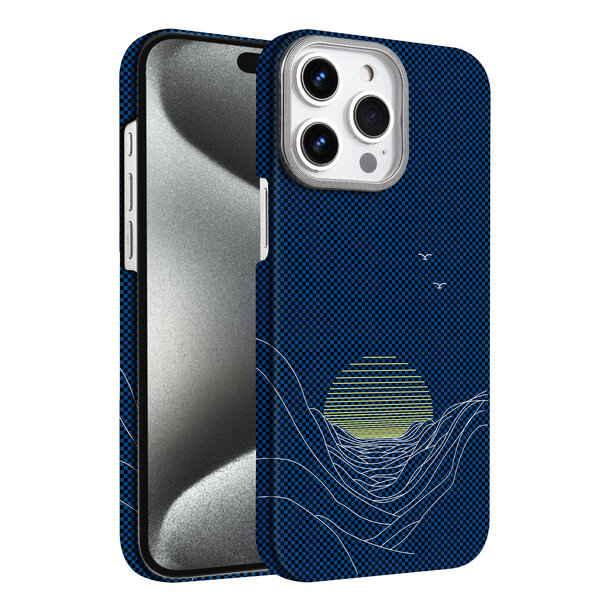 Ntech Hoesje Geschikt voor iPhone 15 Pro Hoesje Blauw Sunset - Carbon Hoesje Geschikt voor MagSafe iPhone 15 Pro - Shockproof Back Cover