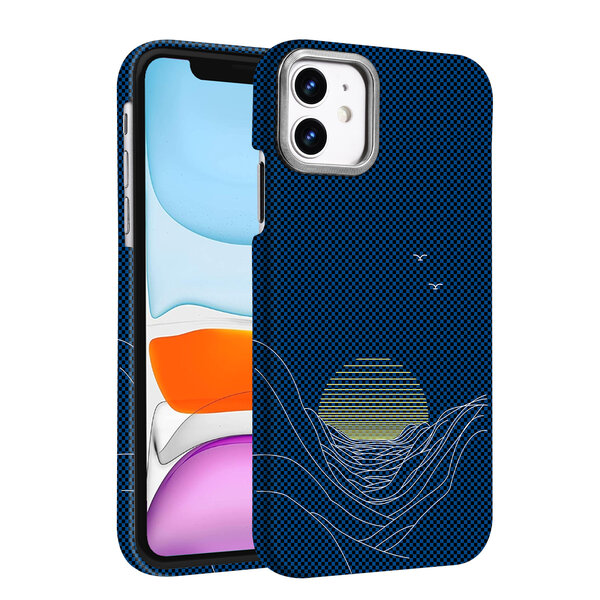 Ntech Hoesje Geschikt voor iPhone 15 Hoesje Blauw Sunset - Carbon Hoesje Geschikt voor MagSafe iPhone 15 - Shockproof Back Cover