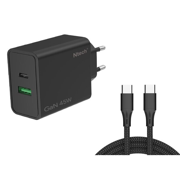 Ntech Ntech - USB C Adapter 45W & USB-A 18W - USB C Oplader Zwart - Inclusief USB-C Kabel 1 Meter - USB C Snellader - USB C Lader - Universeel o.a. Telefoons & Laptops