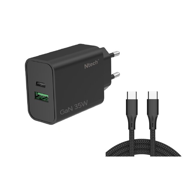 Ntech Ntech - USB C Adapter 35W & USB-A 30W - USB C Oplader Zwart - Inclusief USB-C Kabel 1 Meter - USB C Snellader - USB C Lader - Universeel o.a. Telefoons & Laptops