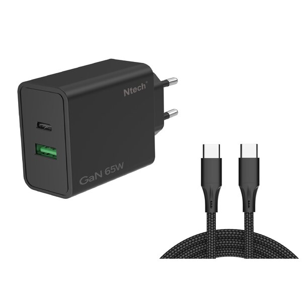 Ntech Ntech - USB C Adapter 65W & USB-A 18W - USB C Oplader Zwart - Inclusief USB-C Kabel 1 Meter - USB C Snellader - USB C Lader - Universeel o.a. Telefoons & Laptops