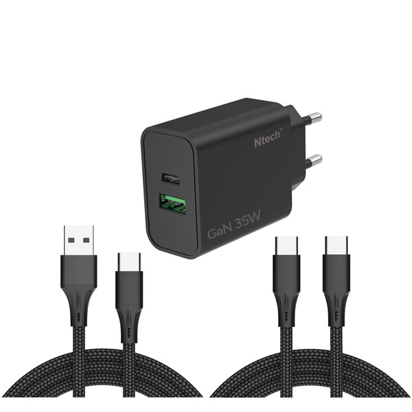 Ntech Ntech - USB C Adapter 35W - USB C Oplader Zwart - USB C Adapter 35W & USB-A 30W met 2x USB C kabel - 2 Poorten voor - USB C Lader - Universeel o.a. Telefoons & Laptops