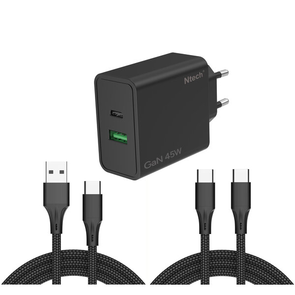 Ntech Ntech - USB C Adapter 45W - USB C Oplader Zwart - USB C Adapter 45W & USB-A 30W met 2x USB C kabel - 2 Poorten voor - USB C Lader - Universeel o.a. Telefoons & Laptops