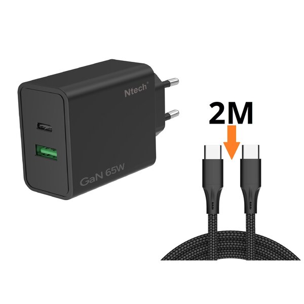Ntech Ntech - USB C Adapter 65W & USB-A 18W - USB C Oplader Zwart - Inclusief USB-C Kabel 2 Meter - USB C Snellader - USB C Lader - Universeel o.a. Telefoons & Laptops