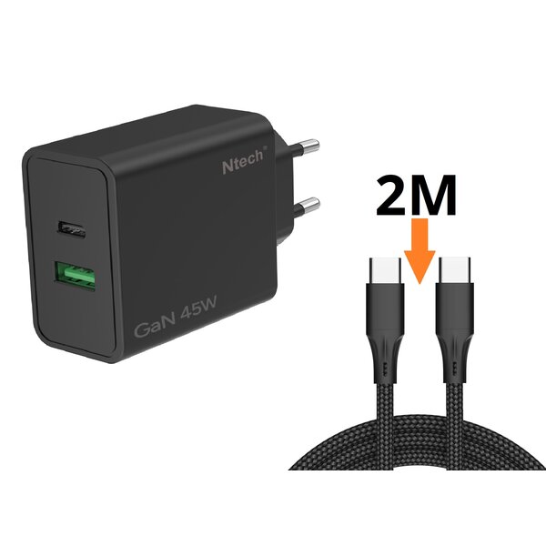 Ntech Ntech - USB C Adapter 45W & USB-A 18W - USB C Oplader Zwart - Inclusief USB-C Kabel 2 Meter - USB C Snellader - USB C Lader - Universeel o.a. Telefoons & Laptops