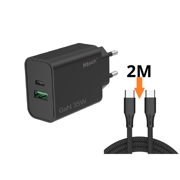 Ntech Ntech - USB C Adapter 35W & USB-A 30W - USB C Oplader Zwart - Inclusief USB-C Kabel 2 Meter - USB C Snellader - USB C Lader - Universeel o.a. Telefoons & Laptops