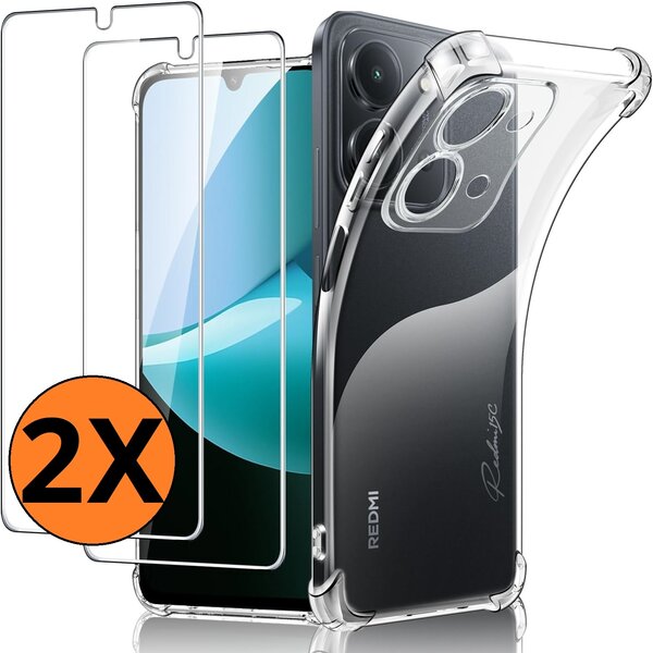 Ntech Hoesje Geschikt voor Xiaomi Redmi 15C 4G / 5G transparant hoesje Anti Shock silicone hoesje met 2 Pack Screenprotector tempered glass