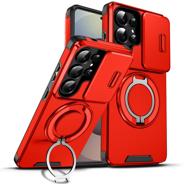 Ntech Hoesje Geschikt voor Samsung Galaxy S26 Ultra hoesje Rood - Shock Hybrid Armor Hoes met Kickstand Ring en Camera Bescherming - Geschikt voor MagSafe