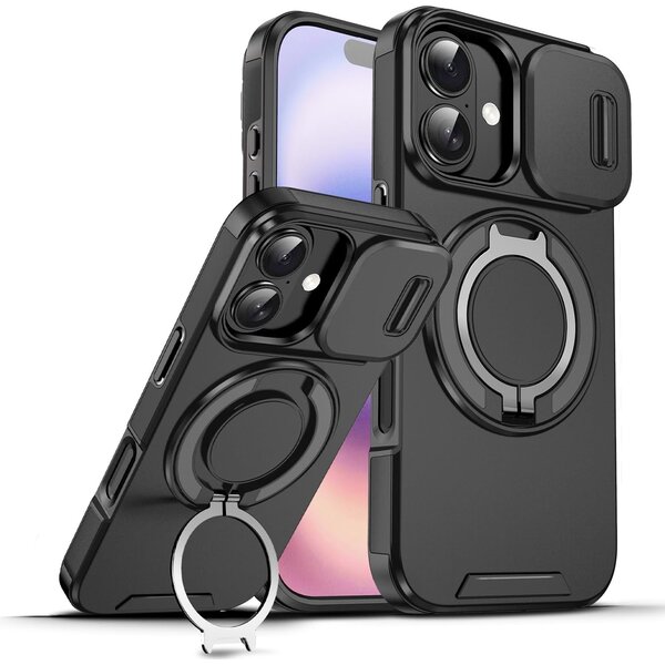 Ntech Hoesje Geschikt voor iPhone 17 hoesje Zwart - Shock Hybrid Armor Hoes met Kickstand Ring en Camera Bescherming - Geschikt voor MagSafe