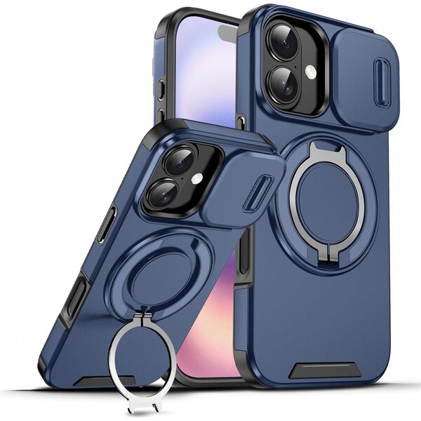 Ntech Hoesje Geschikt voor iPhone 17 hoesje Blauw - Shock Hybrid Armor Hoes met Kickstand Ring en Camera Bescherming - Geschikt voor MagSafe