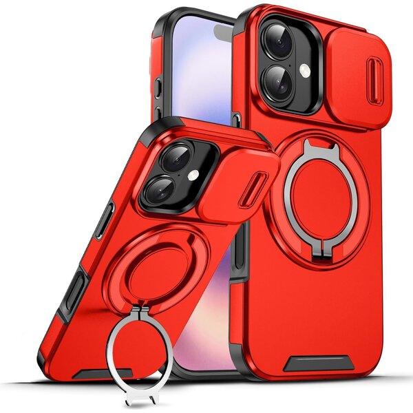 Ntech Hoesje Geschikt voor iPhone 17 hoesje Rood - Shock Hybrid Armor Hoes met Kickstand Ring en Camera Bescherming - Geschikt voor MagSafe