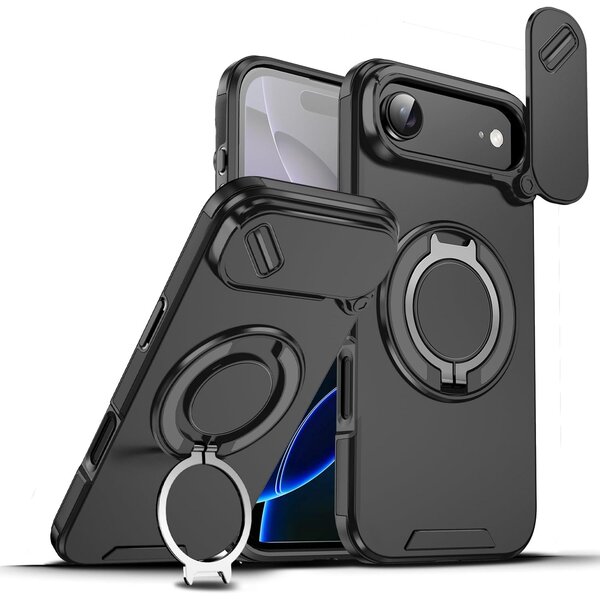 Ntech Hoesje Geschikt voor iPhone Air hoesje Zwart - Shock Hybrid Armor Hoes met Kickstand Ring en Camera Bescherming - Geschikt voor MagSafe