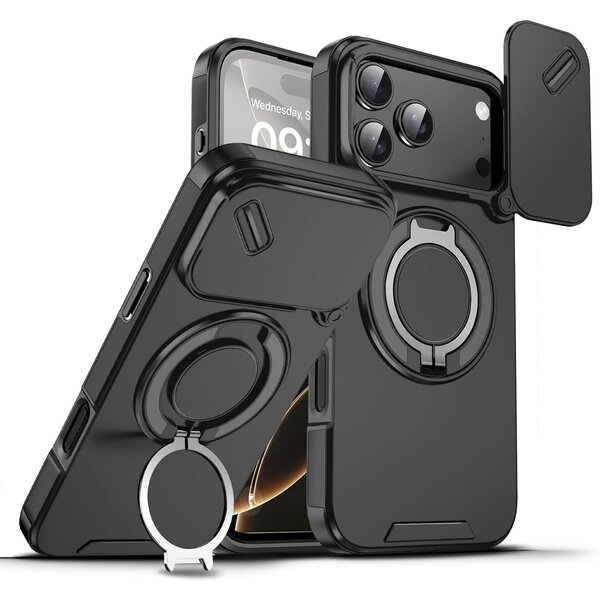 Ntech Hoesje Geschikt voor iPhone 17 Pro Max hoesje Zwart - Shock Hybrid Armor Hoes met Kickstand Ring en Camera Bescherming - Geschikt voor MagSafe