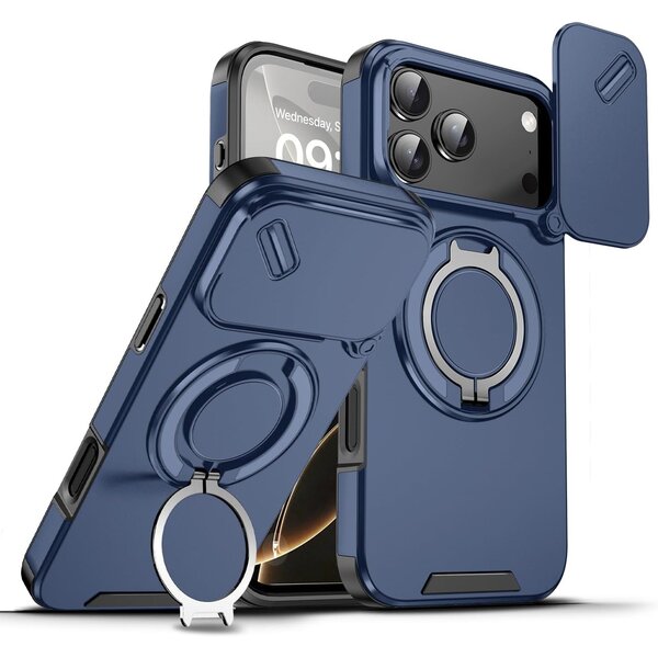 Ntech Hoesje Geschikt voor iPhone 17 Pro Max hoesje Blauw - Shock Hybrid Armor Hoes met Kickstand Ring en Camera Bescherming - Geschikt voor MagSafe