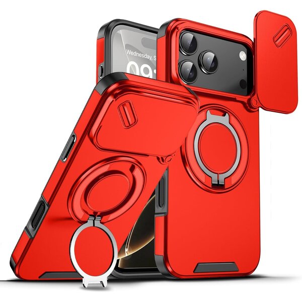 Ntech Hoesje Geschikt voor iPhone 17 Pro Max hoesje Rood - Shock Hybrid Armor Hoes met Kickstand Ring en Camera Bescherming - Geschikt voor MagSafe